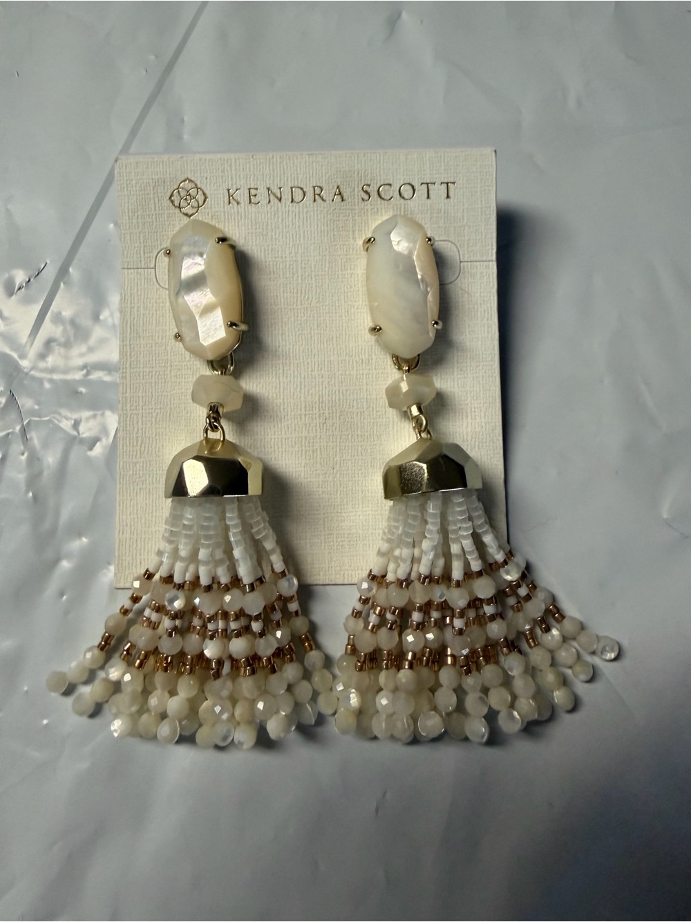 Kendra Scott Cream and Gold Beaded Tassel Drop Earrings